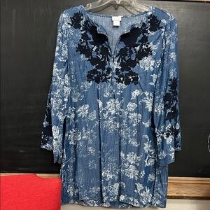 Chico's Blue Floral Tunic with Navy Embroidery